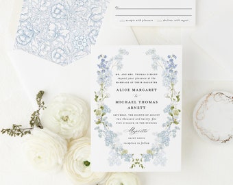 blue floral frame wedding invitation sample / wedding invitation suite / set / wedding invite / custom / monogram / blue floral