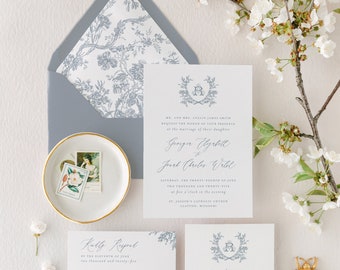 vintage floral crest wedding invitation / dusty blue / wedding invitation suite / set / wedding invite / custom / monogram / magnolia