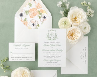 sage green watercolor crest wedding invitation / floral / invitation suite / wedding invite set / floral wreath / custom / monogram / logo