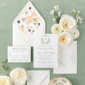 sage green watercolor crest wedding invitation / floral / invitation suite / wedding invite set / floral wreath / custom / monogram / logo