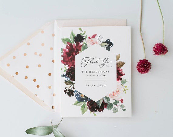 burgundy floral thank you cards / wedding thank you cards / personalized thank you cards / card set / stationery (sets of 10)