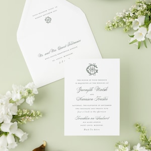 May include: A white wedding invitation with green text. The invitation is for the wedding of Gwenyth Marsh and Harrison Fouster on 11 September 2025, at four o'clock in the afternoon at Franklin on Soulard, 816 Allen Avenue, Saint Louis, Missouri. Black tie attire is requested.