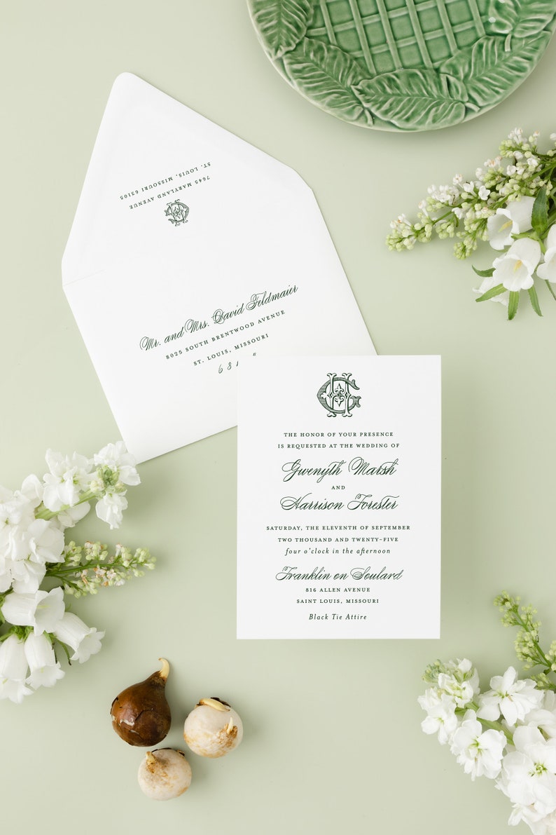 May include: A white wedding invitation with green text. The invitation is for the wedding of Gwenyth Marsh and Harrison Fouster on 11 September 2025, at four o'clock in the afternoon at Franklin on Soulard, 816 Allen Avenue, Saint Louis, Missouri. Black tie attire is requested.