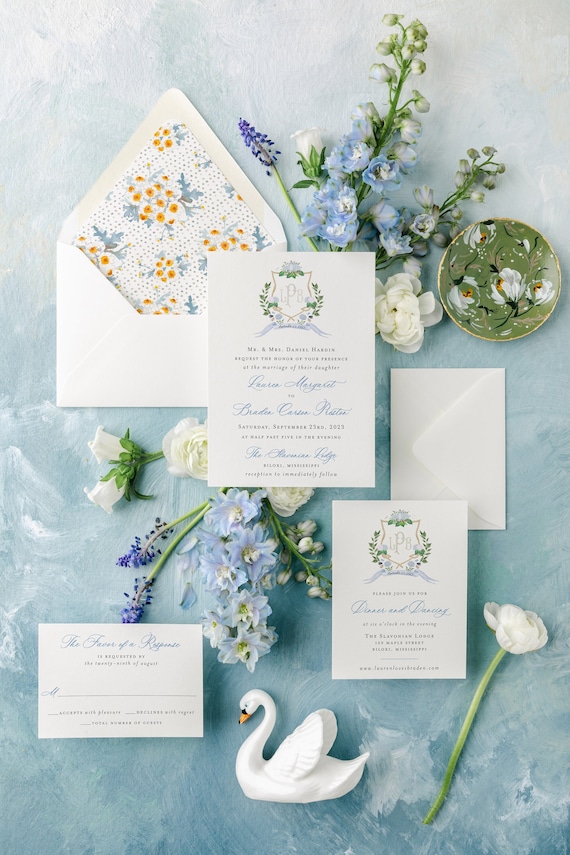 nautical watercolor crest wedding invitation / invitation suite / wedding invite set / custom / letterpress / blue / monogram / nantucket