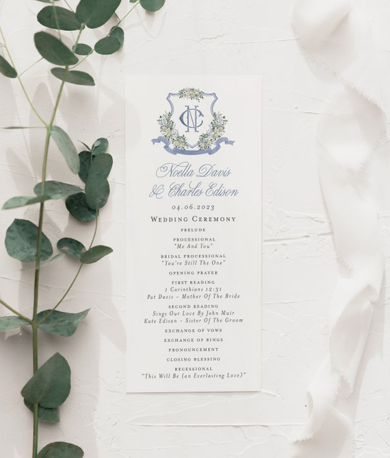 watercolor crest wedding programs / dusty blue / custom / monogram / watercolor / simple / calligraphy / program