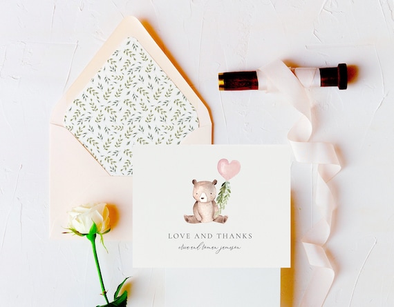 personalized bear baby shower thank you cards // bear / balloon / greenery / baby / kids / baby boy / baby girl / baby shower gift