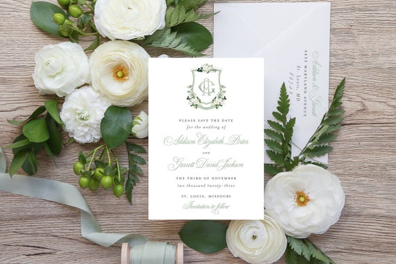 save the date invitations / watercolor crest / custom / calligraphy / letterpress / gold foil / dusty blue / logo / monogram / personalized
