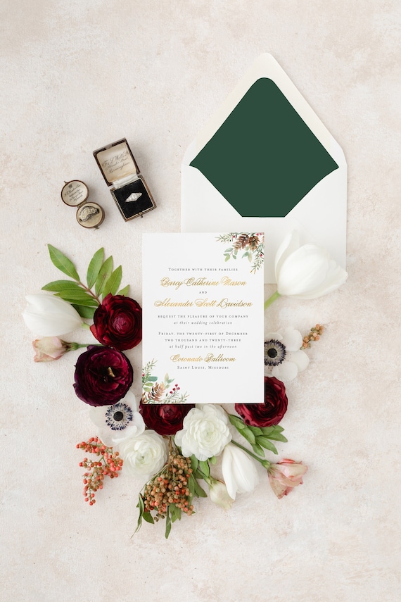 winter wedding invitation sample / gold foil / watercolor / pines / holly / festive / christmas / greenery / invite / letterpress / custom