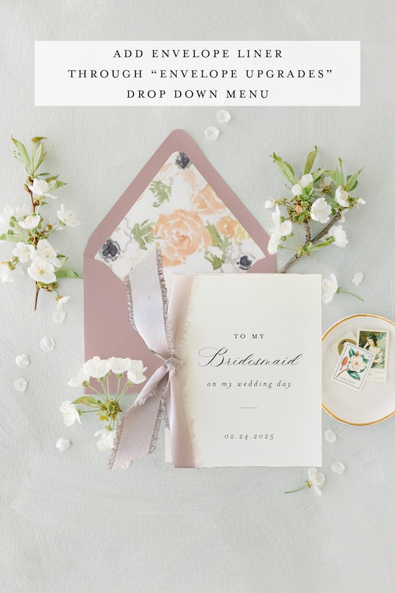 bridesmaid thank you card / to my bridesmaid on my wedding day card / day of wedding card / maid of honor card