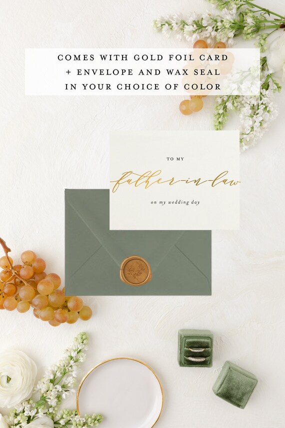 to my father in law on my wedding day card / father-in-law / gold foil / personalized / custom / wedding day card / letterpress / in-laws