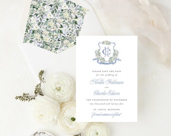 save the date invitations / watercolor crest / custom / calligraphy / letterpress / gold foil / dusty blue / logo / monogram / personalized