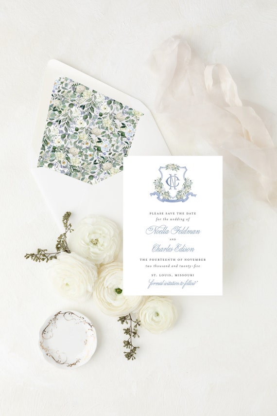 save the date invitations / watercolor crest / custom / calligraphy / letterpress / gold foil / dusty blue / logo / monogram / personalized