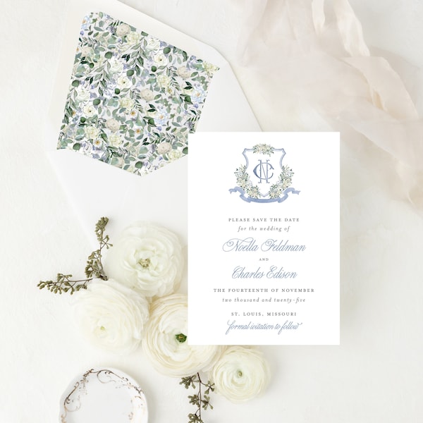 save the date invitations / watercolor crest / custom / calligraphy / letterpress / gold foil / dusty blue / logo / monogram / personalized