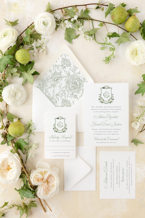 sage watercolor crest wedding invitation / custom wedding invitation suite