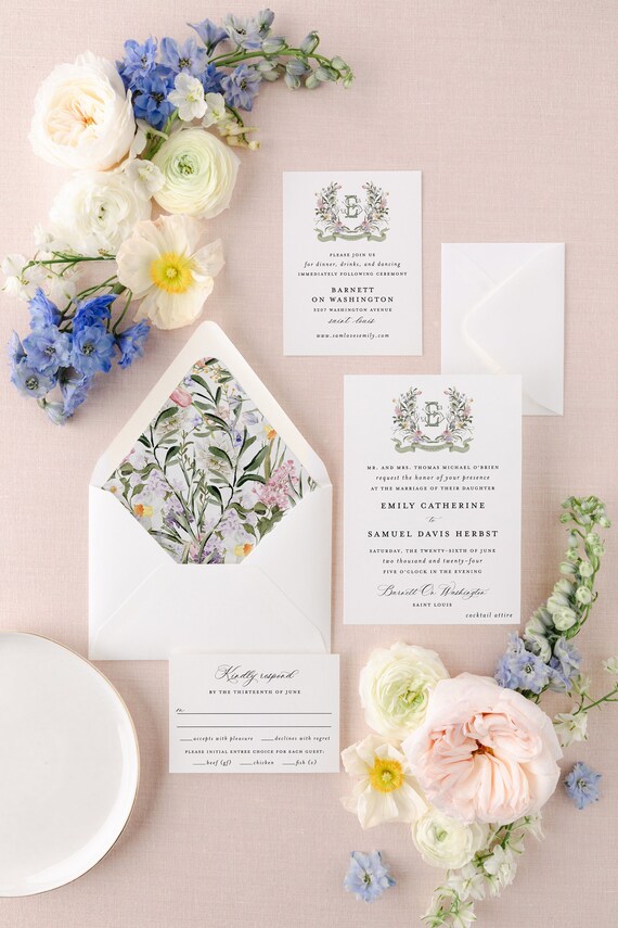 spring floral watercolor crest wedding invitation / invitation suite / wedding invite set / sage green / floral wreath / custom / monogram