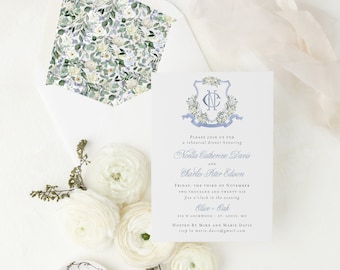 dusty blue watercolor crest rehearsal dinner invitations / rehearsal invite / custom / calligraphy / monogram / personalized / flora crest