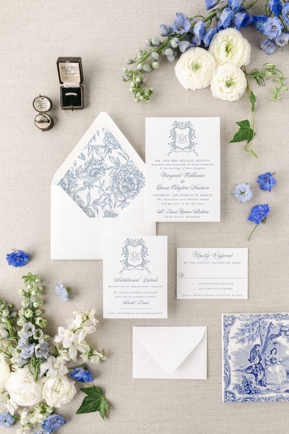 vintage floral crest wedding invitation / dusty blue / wedding invitation suite / set / wedding invite / custom / monogram / magnolia