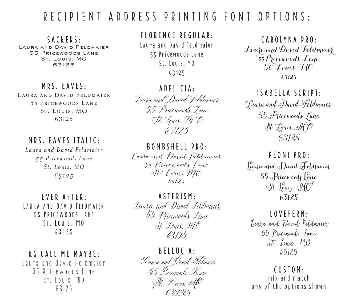 recipient address printing (sets of 10) ADD ON ITEM