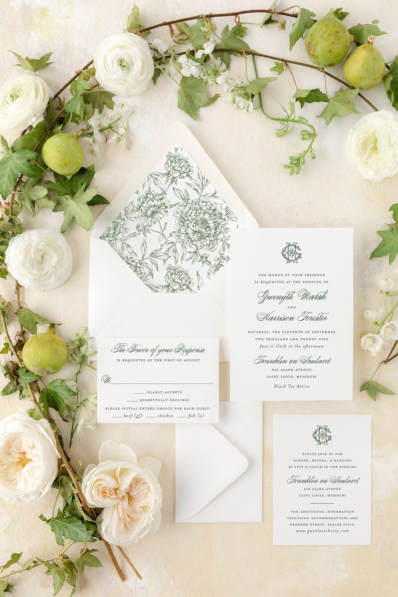 May include: A white wedding invitation with green floral details. The invitation is for the wedding of Gwenyth Marsh and Harrison Forester on 11 September 2025, at 4:00 PM at Franklin on Soulard, 816 Allen Avenue, Saint Louis, Missouri. Black tie attire is requested.