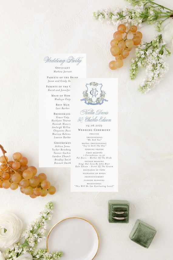 printed wedding program / wedding programs / watercolor crest / monogram