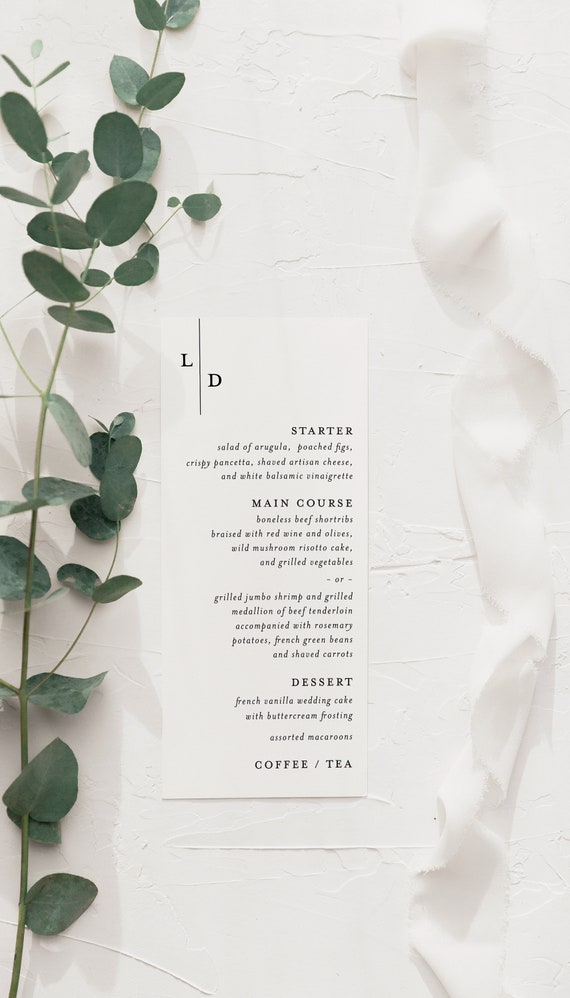 printed wedding menu / modern wedding menus / monogram