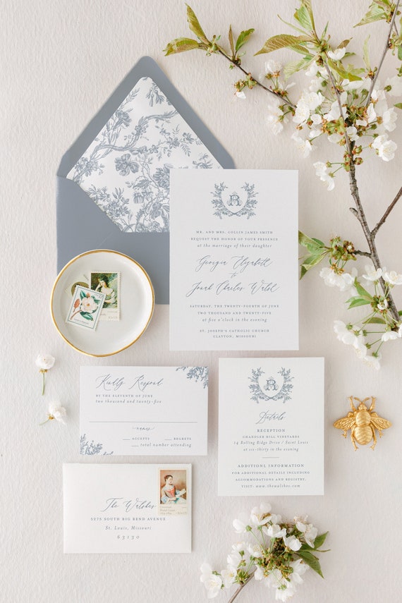 vintage floral crest wedding invitation / dusty blue / wedding invitation suite / set / wedding invite / custom / monogram / magnolia