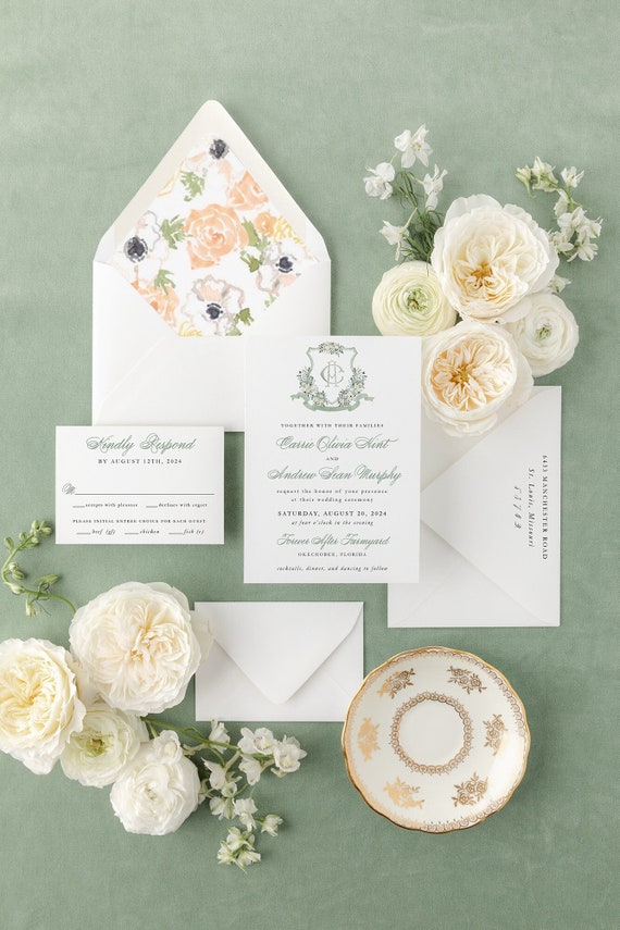 sage green watercolor crest wedding invitation / custom monogram wedding invitation suite