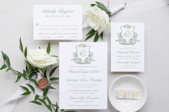 wedding invitation sample // watercolor crest / custom / calligraphy / letterpress / gold foil / sage green / logo / monogram / personalized
