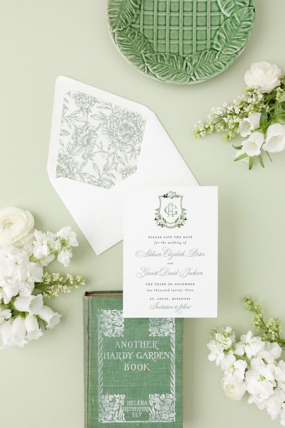 sage watercolor crest save the date invitation / floral wreath / custom / monogram / logo / calligraphy / sage green