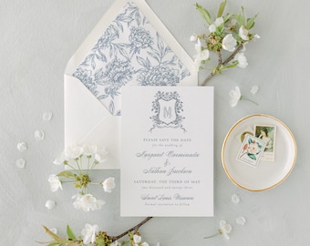 vintage floral crest save the date invitation / dusty blue / save the dates / save the date invite / custom / monogram / magnolia