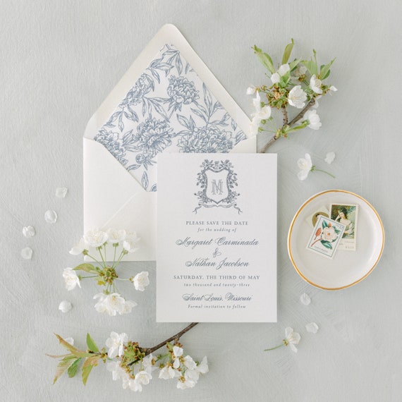 vintage floral crest save the date invitation / dusty blue / save the dates / save the date invite / custom / monogram / magnolia