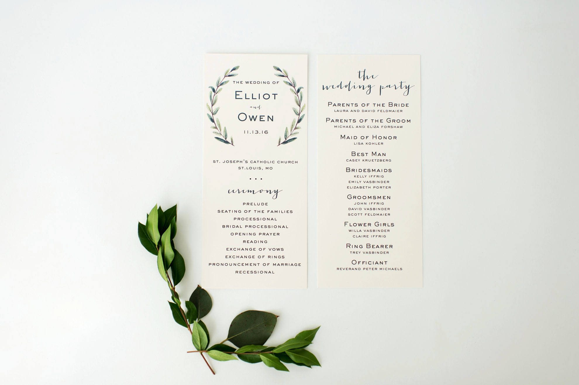 Elliot Greenery Wedding Programs Winery Olive Branch Watercolor