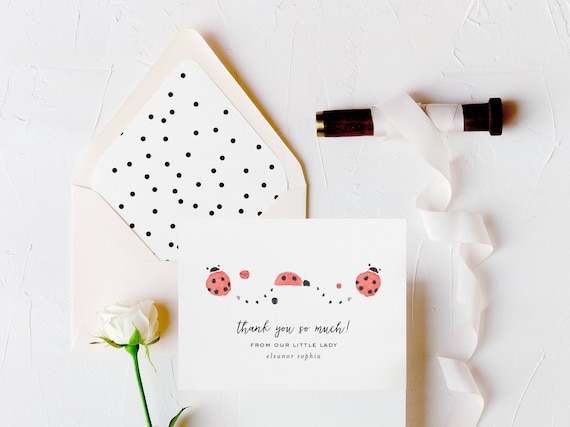 personalized baby shower thank you cards // lady bug baby shower thanks cards / gender neutral cards /  baby boy baby girl lined envelope