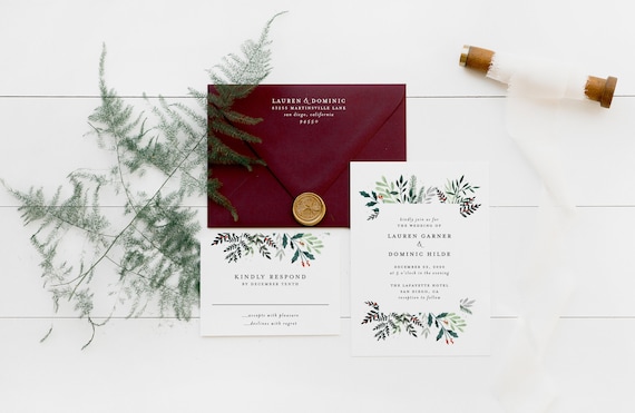 winter wedding invitation sample // watercolor / pines / holly / festive / christmas / greenery / invite / letterpress / custom / printed