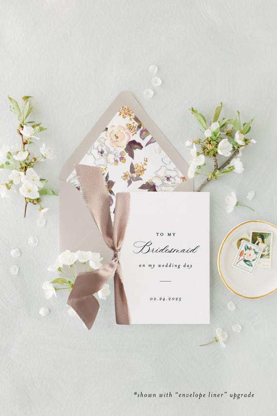 bridesmaid thank you card / to my bridesmaid on my wedding day card / day of wedding card / maid of honor card