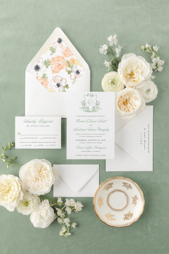 sage green watercolor crest wedding invitation / floral / invitation suite / wedding invite set / floral wreath / custom / monogram / logo