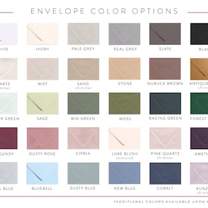 May include: A chart displaying 24 envelope colour options for wedding invitations. The colours include white, ivory, pale grey, real grey, slate, black, quartz shimmer, mist, sand shimmer, stone, nubuck brown, antique gold shimmer, powder green, sage, mid green, moss, racing green, forest green, burgundy, dusty rose, cipria, luxe blush textured, pink quartz shimmer, amethyst, cool blue, bluebell, dusty blue, new blue, cobalt, and kunzite shimmer.
