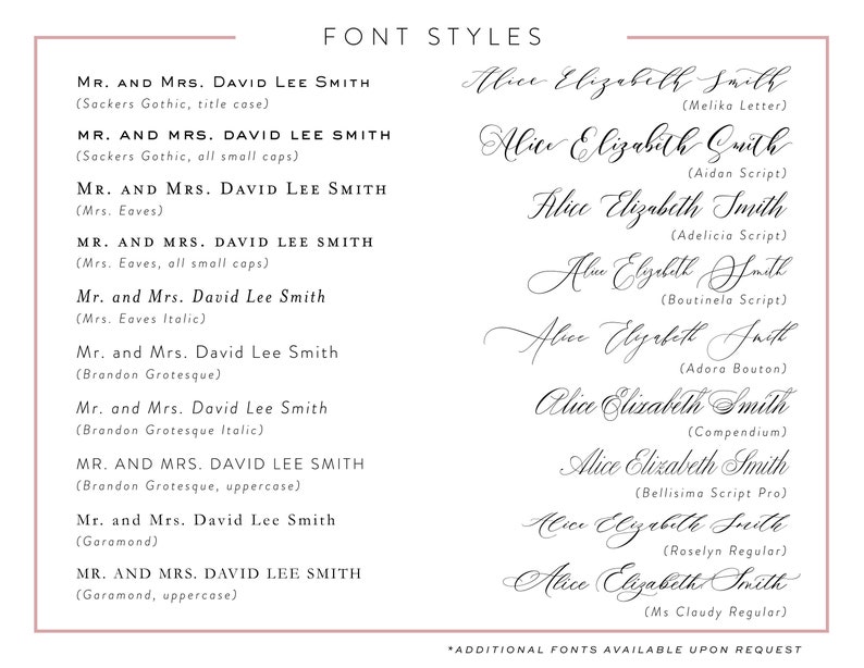 May include: A graphic showing different font styles for names, including "Mr. and Mrs. David Lee Smith" in various fonts, and "Alice Elizabeth Smith" in various cursive fonts. The fonts are listed with their names in parentheses.