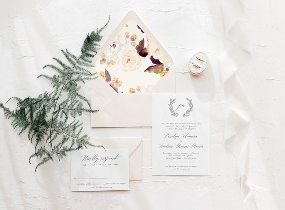 wedding invitation sample // grey / calligraphy / wreath / laurel  / monogram / custom / calligraphy / printed  / letterpress / invite