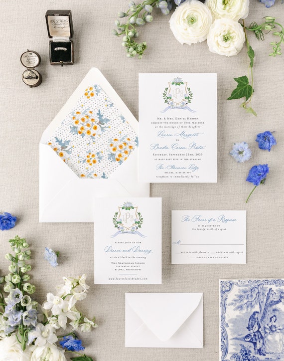 nautical watercolor crest wedding invitation / custom dusty blue monogram invitation suite