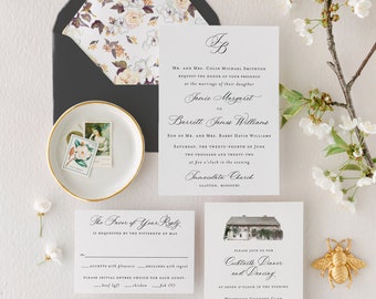 custom watercolor venue wedding invitation /  wedding invitation suite / set / wedding invite / calligraphy / letterpress / personalized