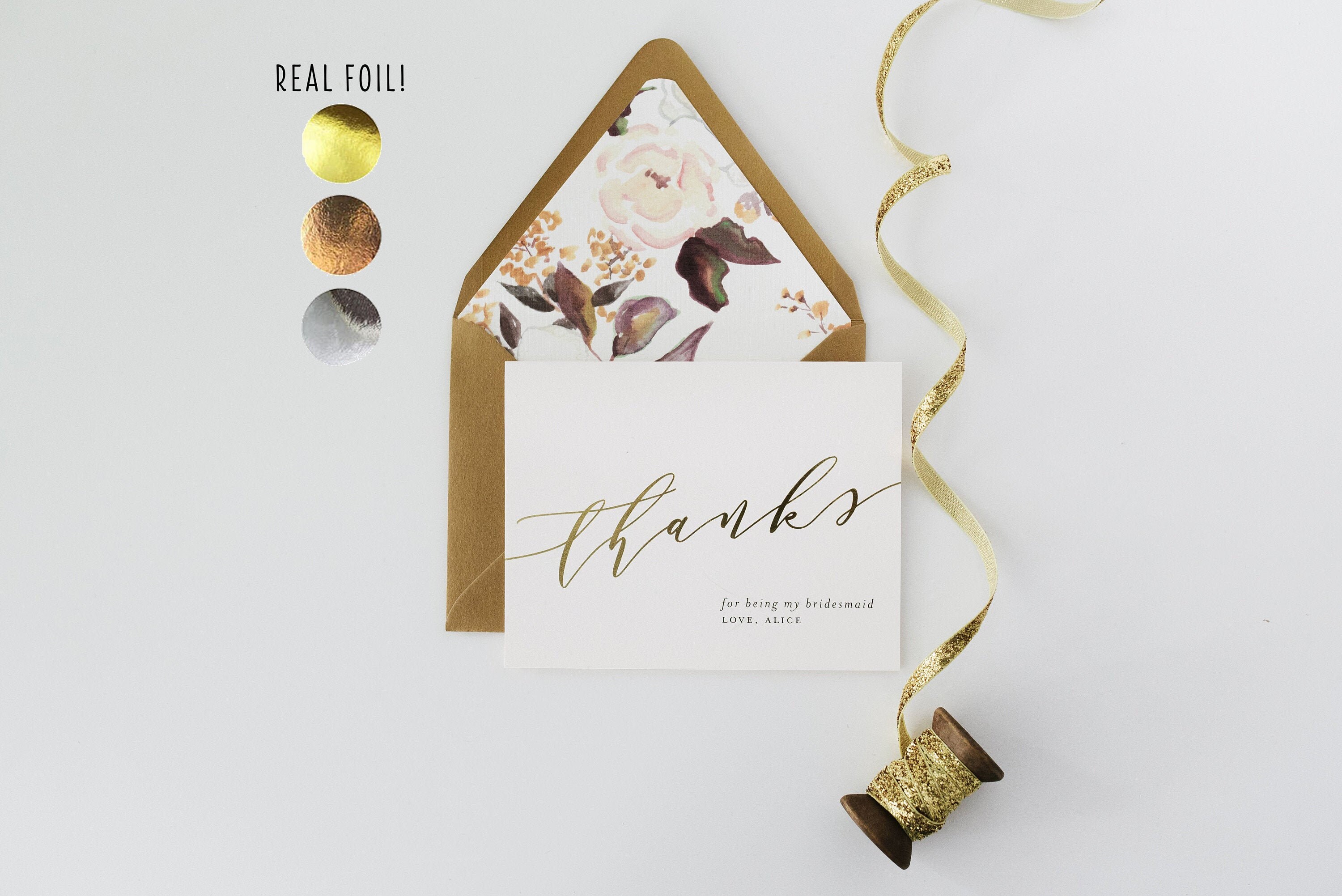 personalized foil pressed thank you for being my bridesmaid card