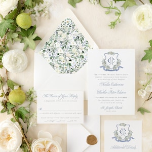 watercolor crest wedding invitation / invitation suite / wedding invite set / dusty blue floral / floral wreath / custom / monogram / logo