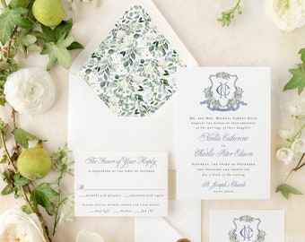 watercolor crest wedding invitation / invitation suite / wedding invite set / dusty blue floral / floral wreath / custom / monogram / logo