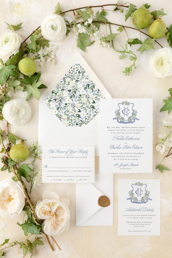 watercolor crest wedding invitation / invitation suite / wedding invite set / dusty blue floral / floral wreath / custom / monogram / logo