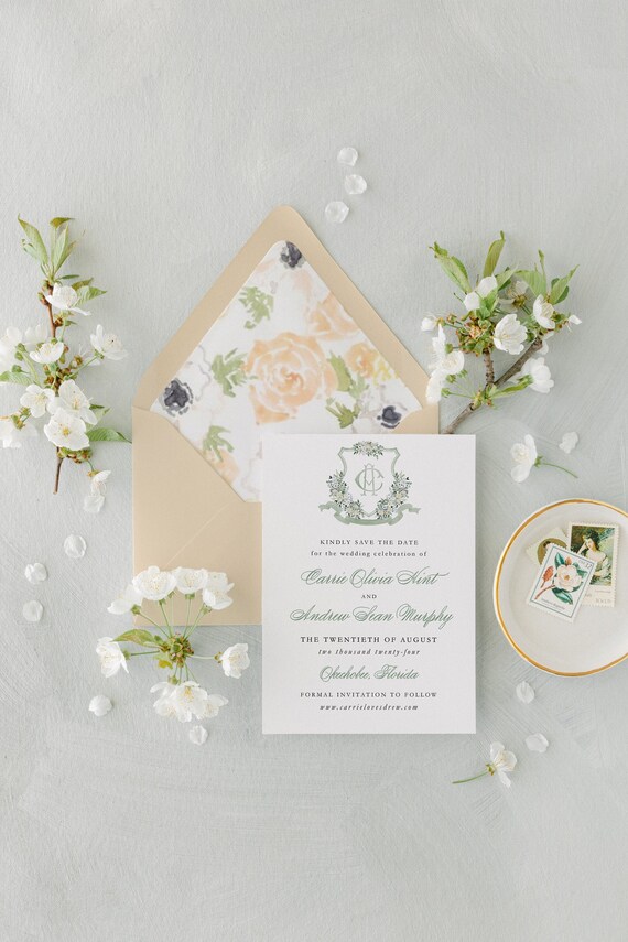 sage watercolor crest save the date invitation / floral wreath / custom / monogram / logo / calligraphy / sage green