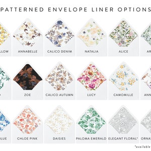 May include: A chart displaying 18 patterned envelope liner options. The patterns include floral, geometric, and abstract designs in a variety of colours. The names of each pattern are listed below the image.