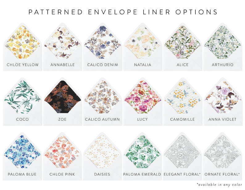 May include: A chart displaying 18 patterned envelope liner options. The patterns include floral, geometric, and abstract designs in a variety of colours. The names of each pattern are listed below the image.