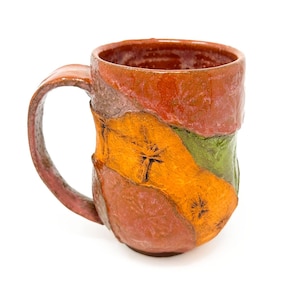 Handmade Papaya & Lime Stoneware Coffee Mug: Botanical Textured Pottery