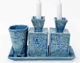 Shabbat Candle Holder & Cup Set in Blue, Handmade Ceramic Shabbat Candlestick Holder w/ Kiddush Cup, Jewish Gift